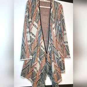 Cardigan Sweater Boho Asymmetrical Chevron Design, Earth Tones, Large, Fall Wrap